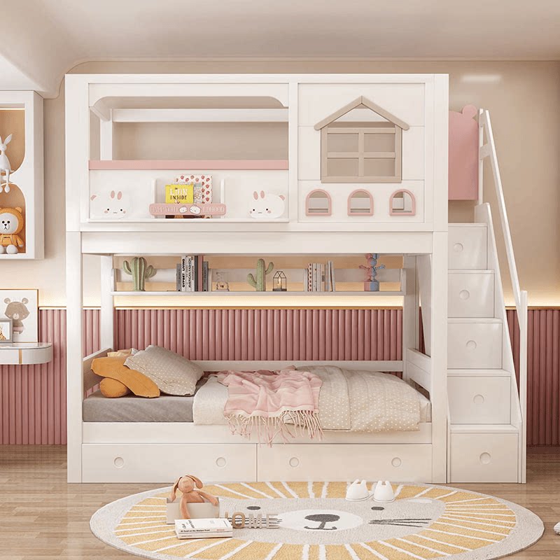 Nowoczesne różowe łóżko piętro – Bunk Bed With Stairs And Slide recenzja i cena